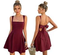 EOAMGO Black Dress for Women, Women's Sexy Sleeveless Square Neck Ruffle Dress, Adjustable Straps Bow Tie A-line Mini Party Club Dresses for Women UK (UK, Alpha, S, Regular, Regular, Burgundy)