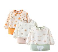 EOAMGO Weaning Bibs With Sleeves, Waterproof Feeding Bib For Baby & Toddler, Long Sleeve Coverall Apron 3 Pack, Easy Clean Unisex Bib With Pocket (Multicolor, S)