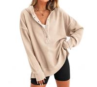 EOAMGO Women's Textured Long Sleeve Half Button V Neck Hoodie, Apricot, M