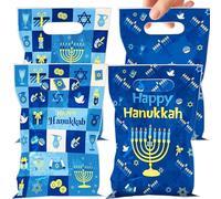 EoBeCy 100 Pcs Hanukkah Gift Bags with Handles, Blue Happy Hanukkah Plastic Snack Treat Candy Goodie Bags, Jewish Themed Chanukah Party Favors Supplies Decorations