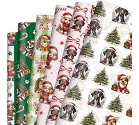 EoBeCy 12 Sheets Christmas Dog Wrapping Paper, 6 Funny Animal Gift Wrap with Cute Dogs, Puppy Pet Gift Paper for Holiday Birthday Party, Vintage Xmas DIY Craft Gifts Decor Flat Folded 20 x 28 Inch