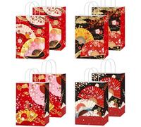 EoBeCy 16 Pcs Japanese Party Favor Bags, Traditional Japanese Cherry Blossom Folding Fans Goodie Treat Candy Gift Bags with Handles for Birthday Party Decorations Supplies