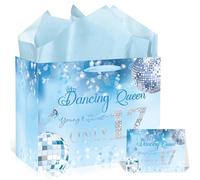 EoBeCy 17th birthday Gift Bag Set for Girls, Queen of Dance Young & Sweet Only 17 Presents Bag with Wrapping Tissue Papers and Greeting Card, 17th Birthday Party Supplies