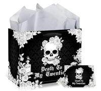 EoBeCy 30th Birthday Gift Bag, Death to My Twenties Gift Bags with Handles, Tissue Papers and Card, Black Flower Skull Wrapping Paper for Her Him Rip 20s Birthday Decorations