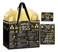 EoBeCy 70th Birthday Gift Bags for Men Women, Back in 1955 Gift Bag with Tissue Paper, Poster and Greeting Card, Black Gold Wrapping Paper for 70 Year Old Birthday Decorations