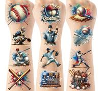 EoBeCy Baseball Temporary Tattoos - 6 Sheets Sports Birthday Party Supplies, Watercolor Baseball Bat Ball Player Cap Designs, Baseball Party Favors for Fans (3 Styles)
