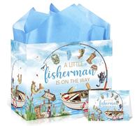 EoBeCy Fishing Gift Bag with Handles, Tissue Paper and Greeting Card, A Little Fisherman Is On The Way Baby Shower Wrapping Paper for Boy Gone Fishing Baby Shower Party Favors Decorations