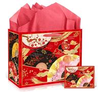 EoBeCy Japanese Gift Bags with Handles, Tissue Paper and Greeting Card, Japanese Fan Cherry Blossom Lantern Patterns Gift Wrapping Paper for Birthday Wedding Hibachi Party Favors Decorations