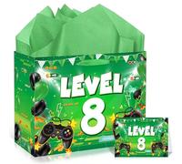 EoBeCy Video Game 8th Birthday Gift Bags with Handles, Tissue Paper and Greeting Card, Green Level 8 Wrapping Paper for Boys Gamer 8 Years Old Birthday Party Decorations Supplies
