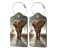 EOBKLAX 2 Pack Luggage Tags for Suitcases,Single Elephant Walking Luggage Tag,PU Leather Id Label Luggage Tags with Stainless Steel Loop and Privacy Cover for Women Men Teens Travel