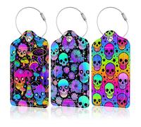 EOBKLAX 3 Pack Neon Bright Skulls Luggage Tags for Suitcases, and Flowers Leather Baggage Suitcases Tag Name ID Label Privacy Cover Travel Bag Women Men Boys Girls (N5E9G-9F0TG-A3LP15)