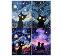EOBROMD 4 Pack 5D Cat Diamond Painting Kits for Adults, Full Round Drill Starry Sky Diamond Art Kits, Fantasy Crystal Art Kits for Home Wall Decor Gifts 30x40cm