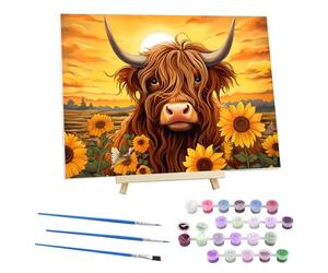 EOBROMD Highland Cattle Paint by Numbers for Adults on Framed Canvas, Sunflower Paint by Numbers Kits with Wood Easel, Sunset Oil Acrylic Craft Art Painting Kits for Home Wall Decor 12x16 in