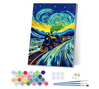 EOBROMD Steam Train Paint by Numbers for Adults Beginners Children with Frame, Starry Sky DIY Acrylic Painting by Numbers, Kids Paint by Numbers Canvas Kits for Home Wall Decor 8x12 inch