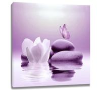 EOBTAIN Purple Zen Framed Canvas Wall Art Water Lily and Butterfly on Lake Square Wall Art for Bathroom Living Room Bedroom Yoga Spa Modern Spiritual Decor