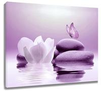 EOBTAIN Zen Stone Canvas Wall Art Water Lily and Purple Butterfly on the Lake Pictures Poster Bathroom Decor Spiritual Yoga Spa Decorative Painting for Living Room Bedroom,16x12 Inches