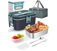 Eocolz Electric Lunch Box Food Heater 100W Food Warmer 1.8L Portable Heated Lunch Box for Car Truck Work Stainless Steel Fork & Spoon 12/24/110V Adult Lonchera Eléctrica (Blue)