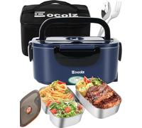 Eocolz Electric Lunch Box Food Heater 100W, Food Warmer with Dual Container 1.5L Portable Heated Lunch Box for Car Truck Work Stainless Steel Fork & Spoon 12/24/110V for Adults (Blue)