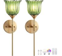 EOEO 2 Pieces Gold Indoor Battery Wall Light Vintage Flower Wall Lamp Dimmable RGB Wireless Wall Lighting With Remote Control E27 Retro Glass Glass Shade for Bedroom Study Living Room,Green