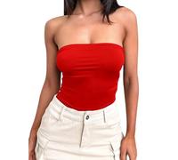 eoeoo Women's Strapless Tube Bodysuit Double Lined Slim Fit Backless Thong Shapewear Bodysuits, Red, Large
