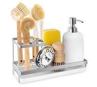 EOFJRUC Sponge Holder for Kitchen Sink, Stainless Steel Sink Caddy with High Brush Holder Countertop Silver Soap Dispenser Organizer with Drain Tray Rustproof