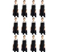 EOGRFW 12 Pack Bib Apron, Black Chef Aprons with 2 Pockets, Black Aprons Bulk,Unisex Kitchen Apron with Long Ties for Women Men Cooking Baking Painting Home Kitchen Restaurant, 32 x 28 Inch