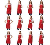 EOGRFW 12 Pack Bib Aprons Bulk, 27.5 x 23.6 inch Waterproof Polyester Kitchen Apron, Waitress Apron with 2 Pockets for Women Men , Plain Aprons for Cooking, Baking, Cleaning, Crafting, BBQ(Red)