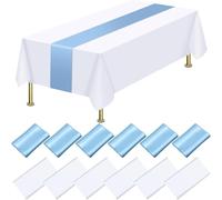 EOGRFW 12 Pcs Disposable Plastic Tablecloths and Satin Table Runner Set,54 x 108 Inch White Tablecloths,12 x 108 Inch Blue Runners,Rectangle Table Cover for Wedding Birthday Graduation