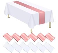 EOGRFW 12 Pcs Disposable Plastic Tablecloths and Satin Table Runner Set,54 x 108 Inch White Tablecloths,12 x 108 Inch Rose Gold Runners,Rectangle Table Cover for Wedding Birthday Graduation