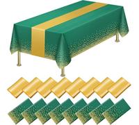 EOGRFW 16 Pcs Disposable Plastic Tablecloths and Satin Table Runner Set,54 x 108 Inch Green and Gold Tablecloths,12 x 108 Inch Runners,Rectangle Table Cover for Wedding Birthday Graduation (Green)
