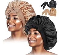 EOGRFW 2PCS Satin Bonnet for Black Women,Jumbo Hair Bonnet,Adjustable Silk Bonnet Satin Cap for Sleeping,2 Pack Shower Caps (black+gold)