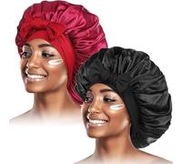 EOGRFW 2PCS Satin Bonnet for Black Women,Jumbo Hair Bonnet,Adjustable Silk Bonnet Satin Cap for Sleeping,2 Pack Shower Caps (black+red)