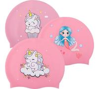 EOGRFW Pack of 3 Children's Silicone Swimming Cap for Girls, Waterproof Elastic Swimming Cap for Long and Short Hair, Silicone Swimming Cap for Ages 6-12 Years, Pink Unicorn