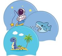 EOGRFW Pack of 3 Children's Silicone Swimming Caps for Boys, Waterproof Elastic Swimming Cap, Silicone Swimming Cap for Ages 6-12 Years, Comfortable Swimming Cap Children, Blue Dinosaur