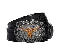 Eohak Men's Western Cowboy Belt - Longhorn Bull Pattern Buckle Belt, Black, 34-38W