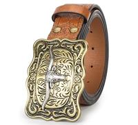 Eohak Mens-Western-Cowboy-Belt - Longhorn-Bull-Pattern-Buckle-Belt Floral-Engraved-Buckle-Belt Fit 25" to 38" Waist, Brown-golden Longhorn, 34-38W