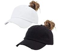 Eohak Ponytail Baseball Hat Distressed Retro Washed Womens Twill, Black+white, M