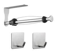Eolax Paper Towel Holder Under Cabinet with 2 Hooks - Single Hand Operable Wall Mount with Damping Effect - Self-Adhesive or Drilled for Kitchen Bathroom, Stainless Steel, Brushed Nickel