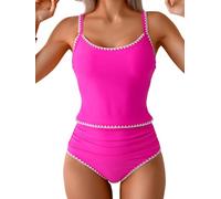Eomenie Tankini Swimsuit for Women Tummy Control Ruched Two Piece Bathing Suits High Waisted Shell Stitch Swimwear, Hot Pink, XXL