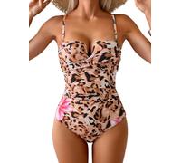 Eomenie Women's Push Up Wrap Front Swimsuit One Piece Tummy Control Bathing Suits Bandeau Support Slimming Swimwear, Leopard Pink Lily Floral, Medium