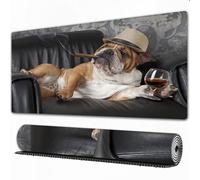 EOMKSE Mouse Pad Gaming Large Desk Pad Washable Mouse Pad Laptop Desk Mat,Bulldog, humorous photo of a gentleman resting on a chair with a glass o,Home Mouse Pad with Anti-Slip Rubber Base,16x35.5 in