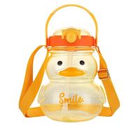 Eomsky 1000 ml Cute Cartoon Duck Straw Cup with Handle and Adjustable Strap, Yellow Duck Straw Bottle, Portable Reusable Drinking Cup for Milk, Water, Juice