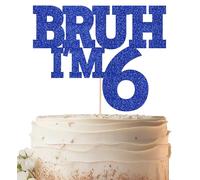 EONNCNT Bruh I'm 6 Cake Topper - Royal Blue Glitter Funny 6th Birthday Cake Decorations for Boys, Bro I'm 6/ Cheers to 6 Years Cake Decor for Brother Birthday Party Supplies Photo Booth Prop