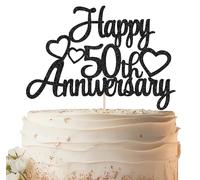 EONNCNT Happy 50th Anniversary Cake Topper - Black Glitter 50th Anniversary Cake Decoration Supplies for Wedding/Company/Birthday Party Photo Booth Props