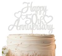 EONNCNT Happy 50th Anniversary Cake Topper - Silver Glitter 50th Anniversary Cake Decoration Supplies for Wedding/Company/Birthday Party Photo Booth Props