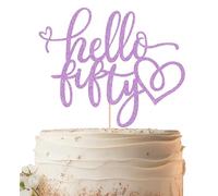 EONNCNT Hello Fifty Cake Topper - Light Purple Glitter 50th Birthday Cake Decorating Supplies for Women, Hello 50 Cake Decor for 50th Birthday/Anniversary Party Photo Booth Props