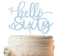 EONNCNT Hello Sixty Cake Topper - Light Blue Glitter 60th Birthday Cake Decorating Supplies for Women, Hello 60 Cake Decor for 60th Birthday/Anniversary Party Photo Booth Props