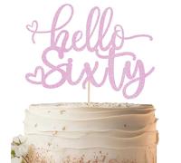 EONNCNT Hello Sixty Cake Topper - Pink Glitter 60th Birthday Cake Decorating Supplies for Women, Hello 60 Cake Decor for 60th Birthday/Anniversary Party Photo Booth Props
