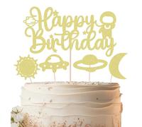EONNCNT Space Birthday Cake Topper - Gold Glitter Space Theme Birthday Party Cake Decoration Supplies - Happy Birthday Cake Decor, Birthday Party Supplies Photo Booth Props
