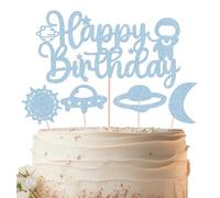 EONNCNT Space Birthday Cake Topper - Light Blue Glitter Space Theme Birthday Party Cake Decoration Supplies - Happy Birthday Cake Decor, Birthday Party Supplies Photo Booth Props